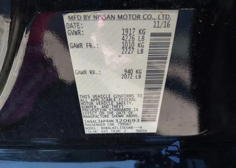 2017 Nissan Altima 2.5 Sr z USA, uszkodzony, nr VIN 1N4AL3AP4HN320693